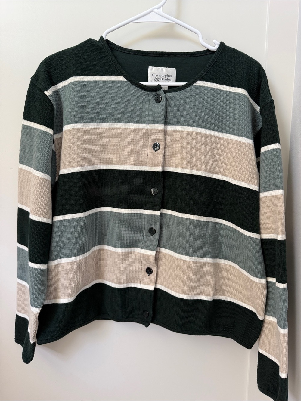 Christopher & Banks Striped Button-Front Cardigan in Dark Green, Gray, and Beige